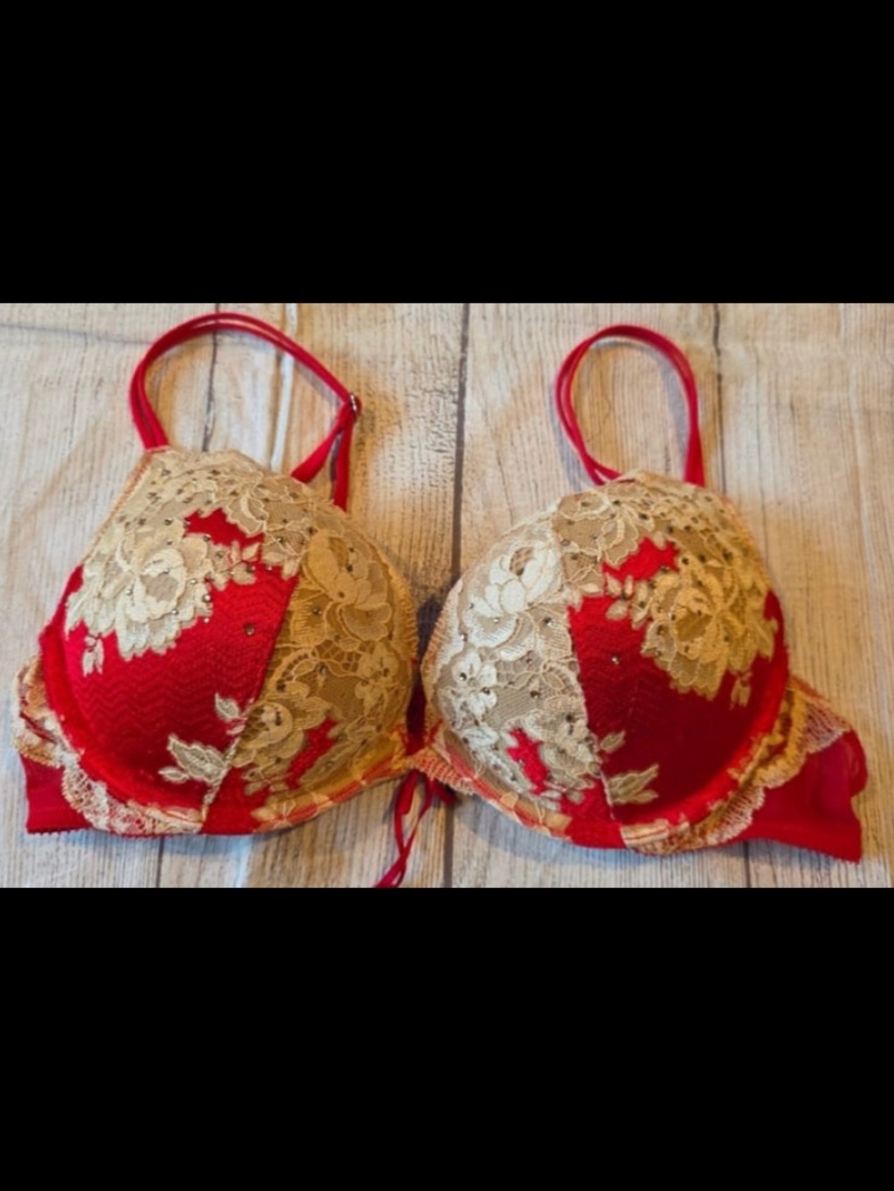 Victoria's Secret Red Bra with Gold Floral Lace